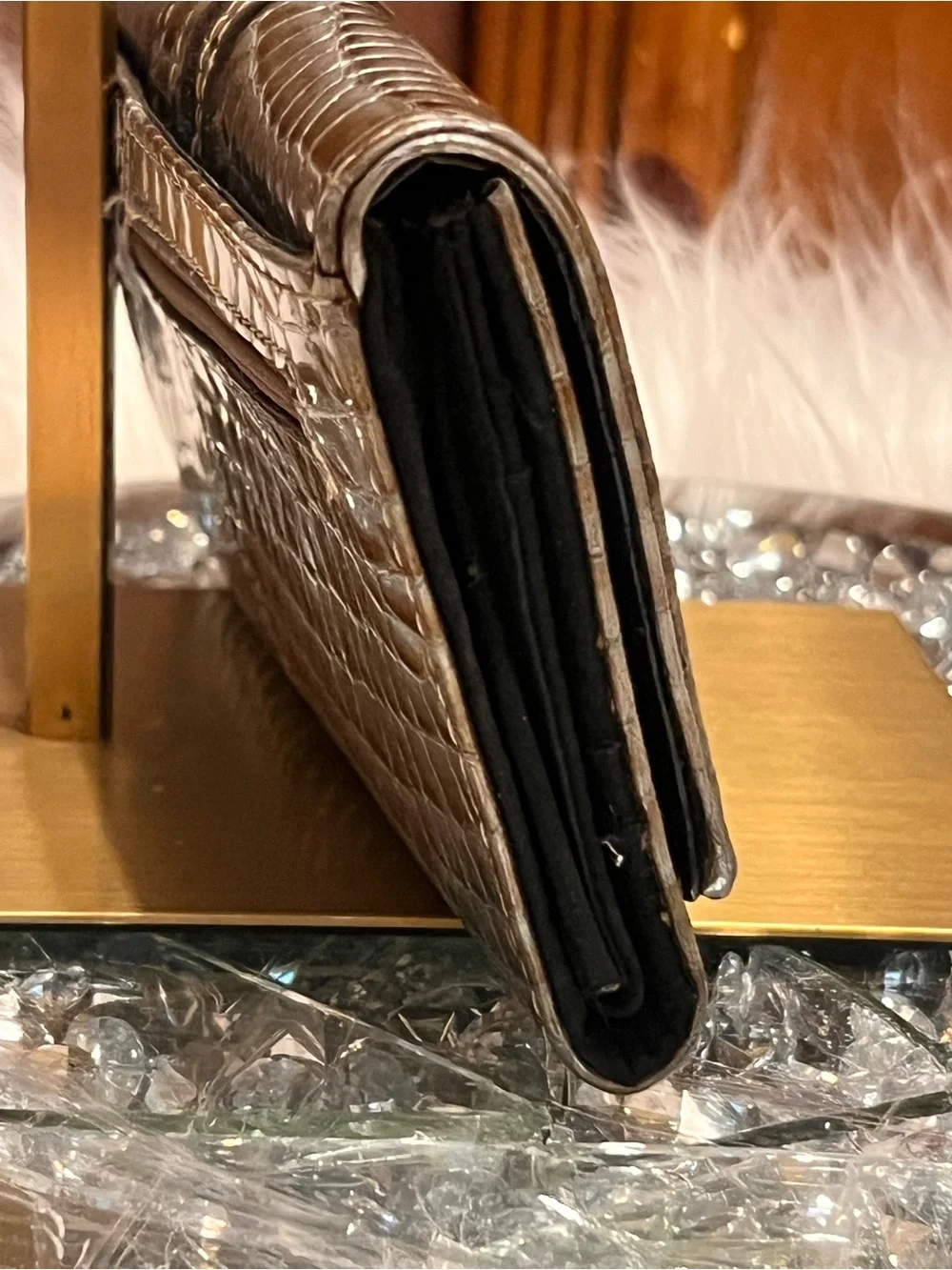 Kathy Van Zeeland Y2k Metallic Croc-Embossed Gray Wallet Clutch with Crest